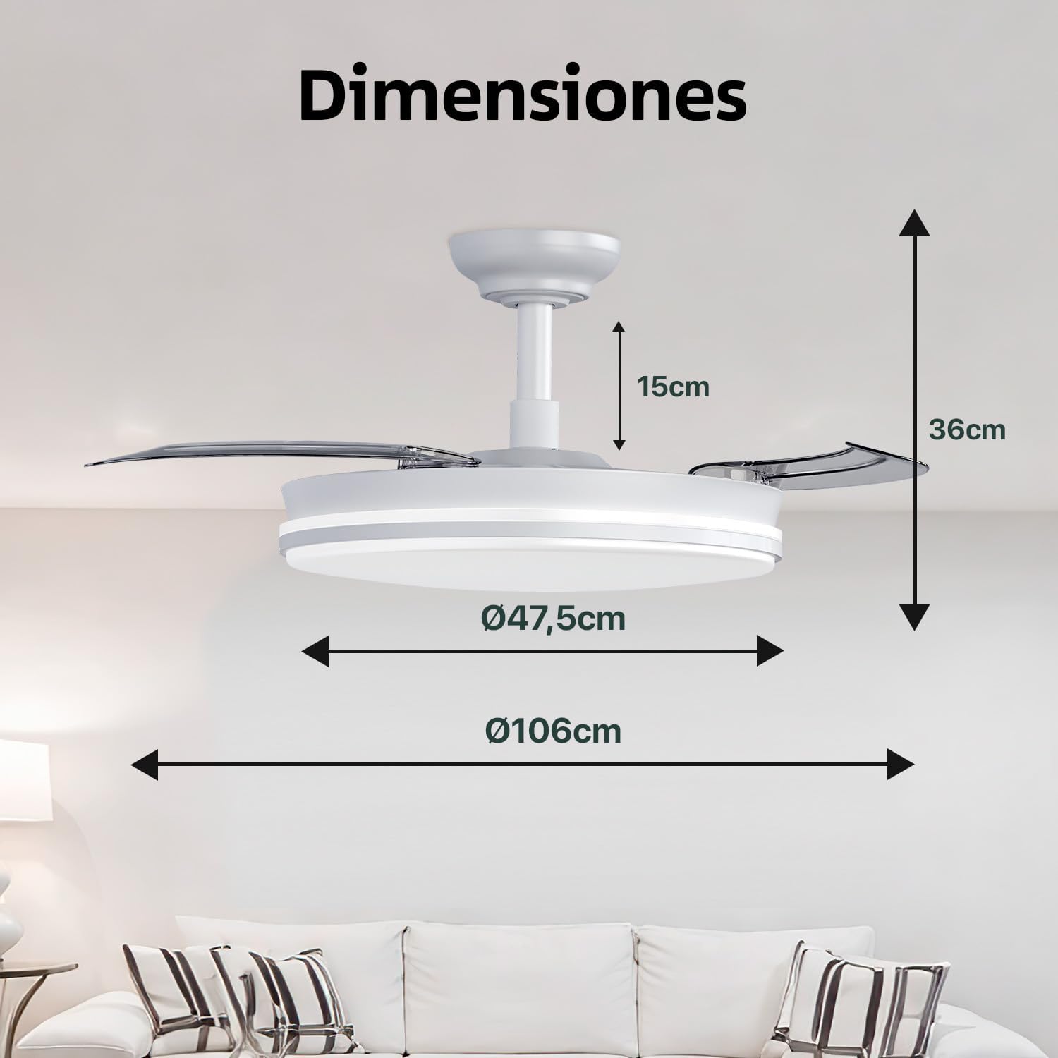 Ventilador De Techo Con Luz LED Y Aspas Retráctiles Silencioso